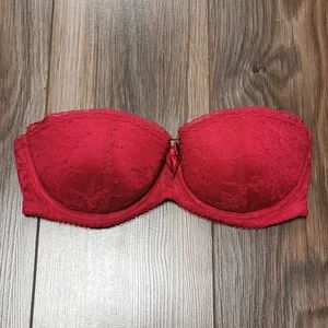 H&M Strapless Lace Push Up Bra, Red, 32A